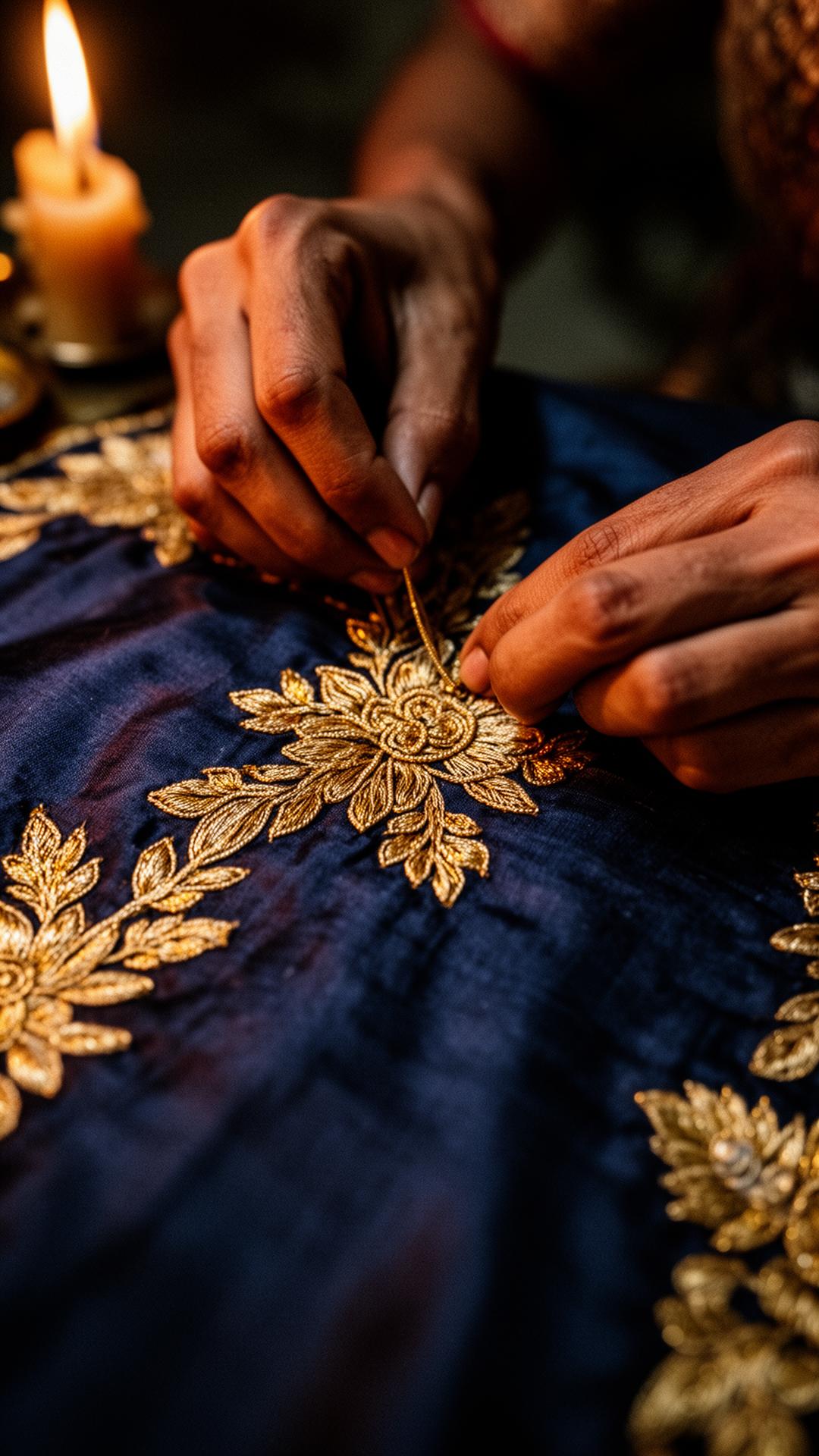 Hands working gold zari embroidery on navy silk