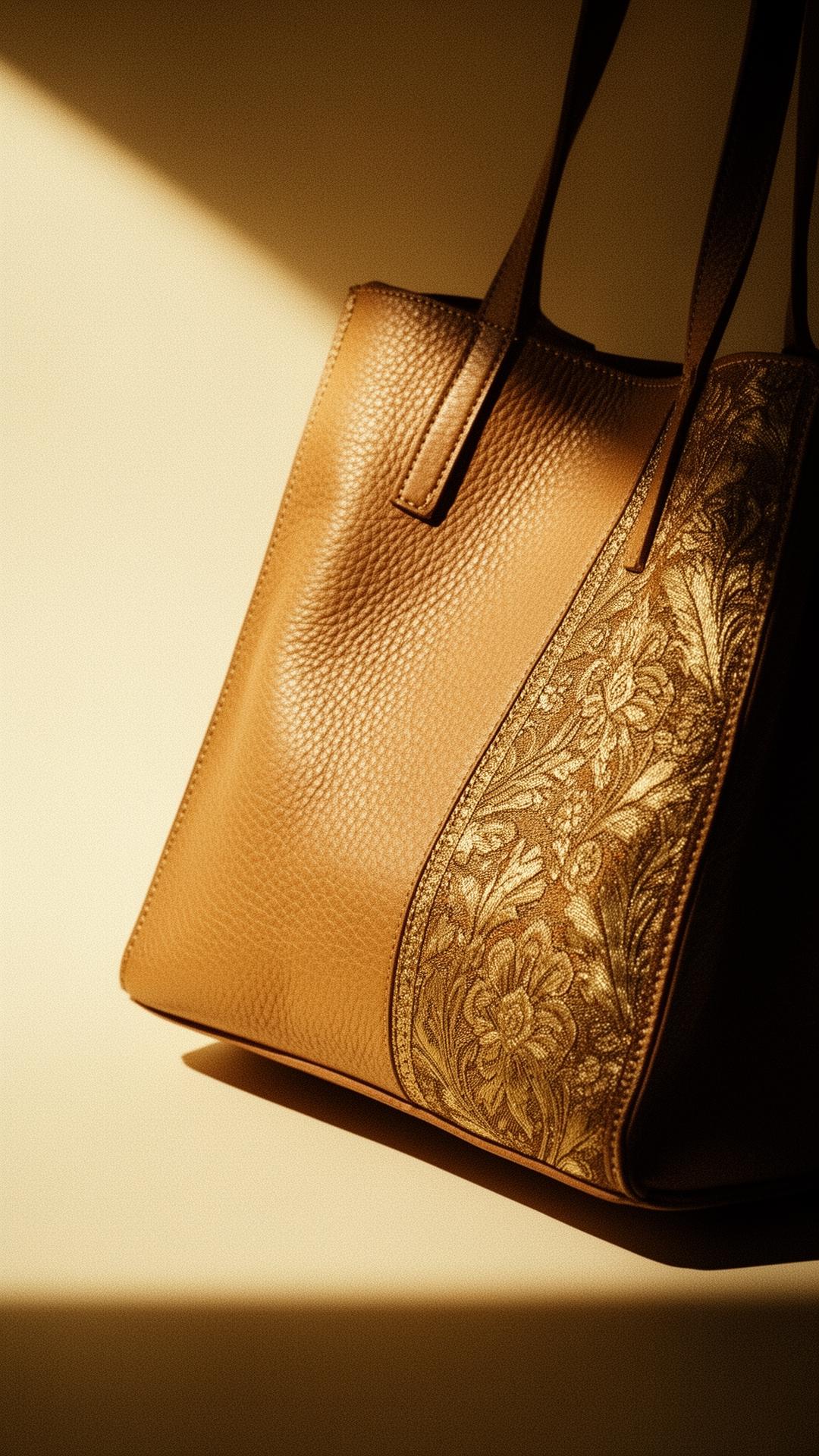 The Noor Tote — hand-finished leather with gold zari panel